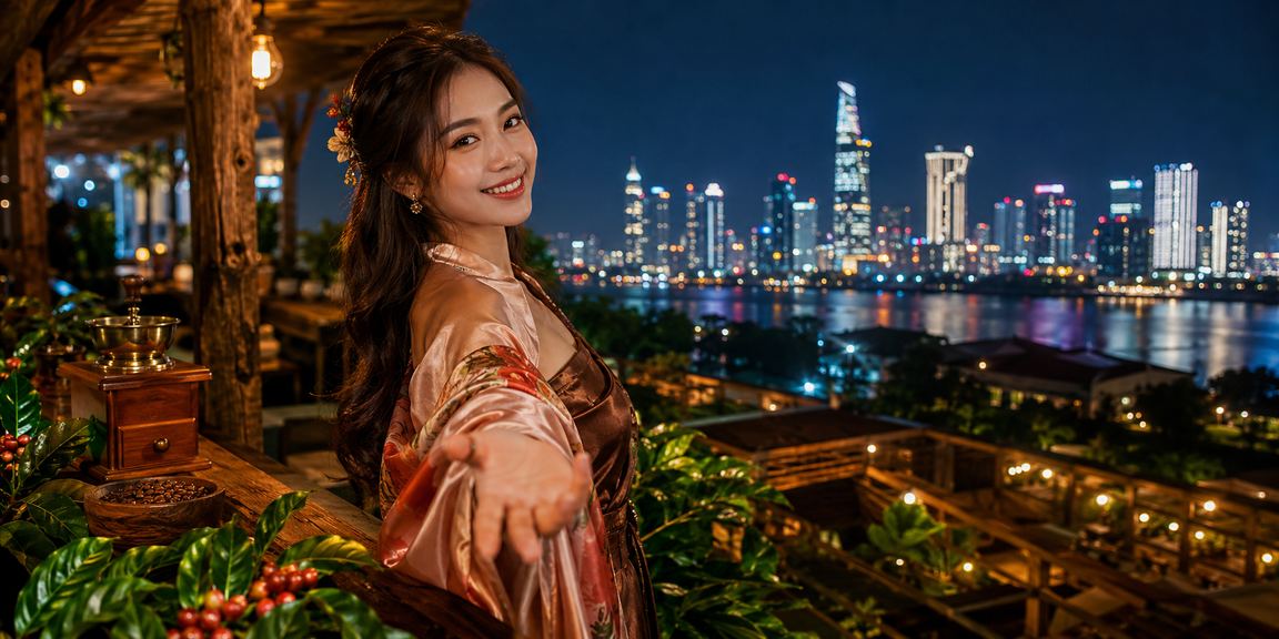 Người dùng tại Hồ Chí Minh đăng nhập ứng dụng rickvip trên điện thoại bên cốc cà phê