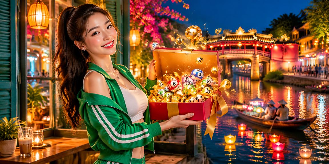 Người dùng xem kết quả xổ số tại quán cà phê Hội An, không khí buổi sáng bình yên và quen thuộc
