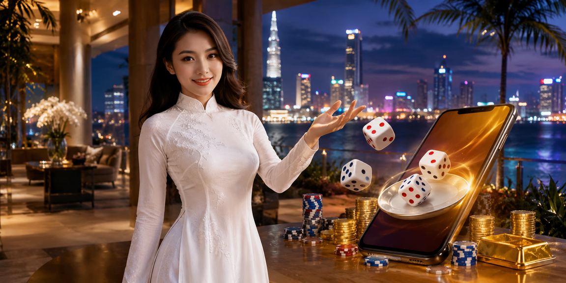 Cô gái Sài Gòn mặc áo dài bên bàn Tài Xỉu lung linh ánh đèn, không khí casino sôi động về đêm